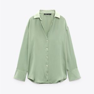 Zara Flowy Satin Effect Shirt in Light Khaki